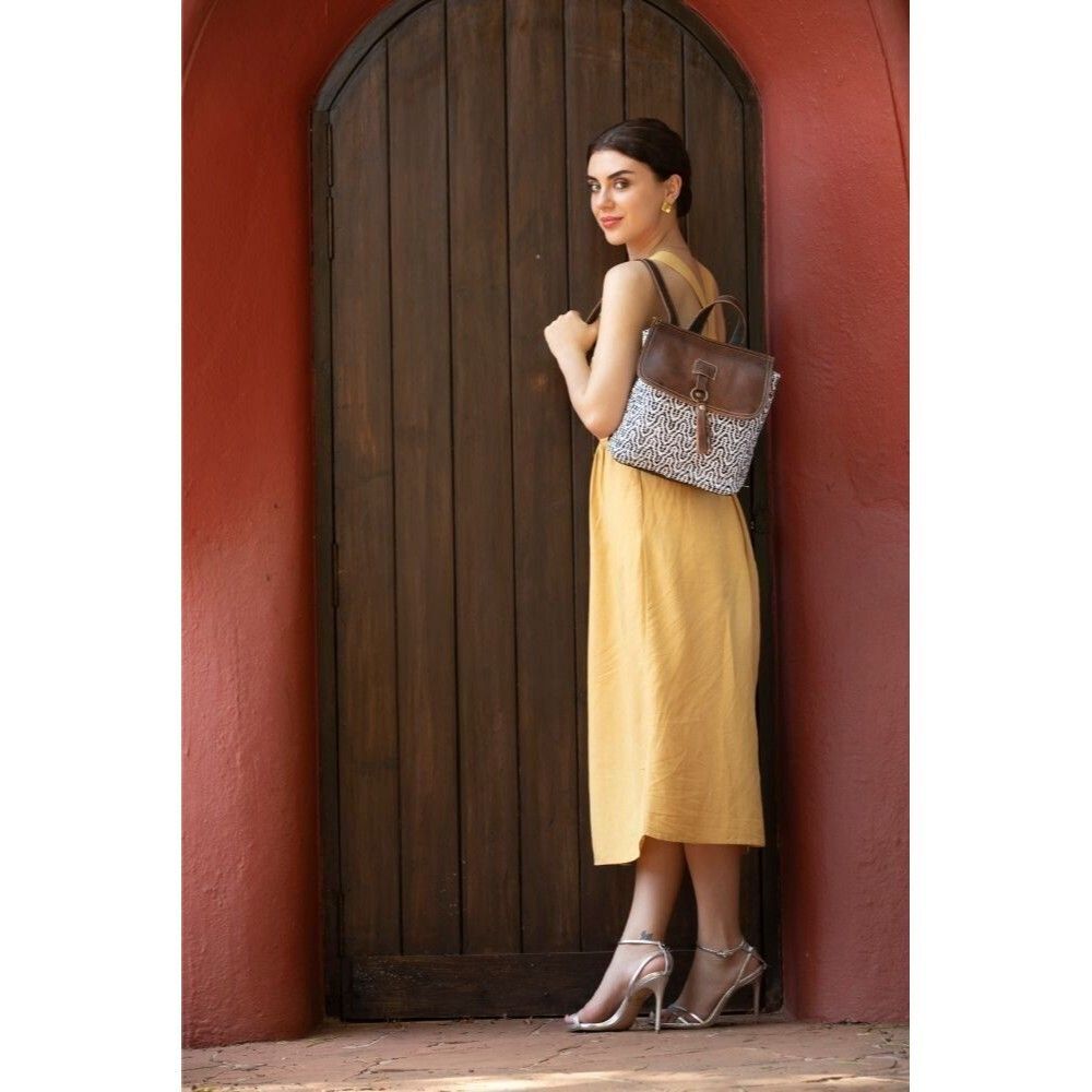 Myra Bag Handmade Leffis Backpack Upcycled Canvas & Cowhide Leather